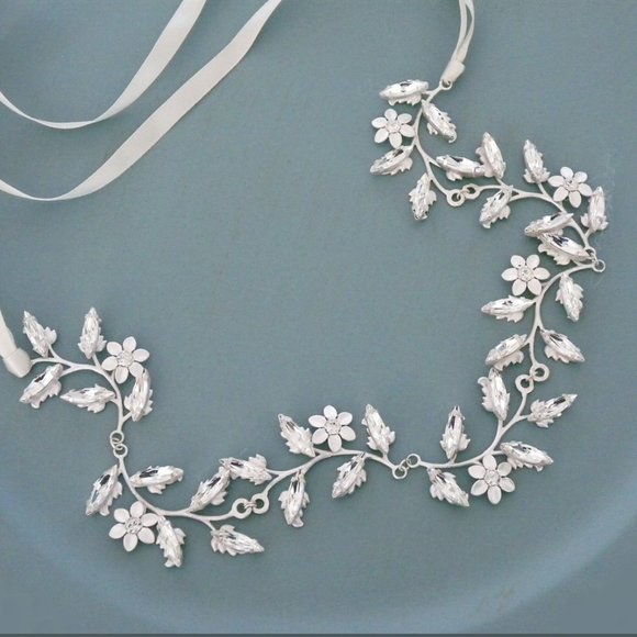 Elizabeth Bower Crystal Leaf Garland Head Band Ribbon Ties NWT